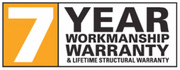 Seven-year workmanship warranty badge highlighting lifetime structural warranty coverage for completed deck projects.
